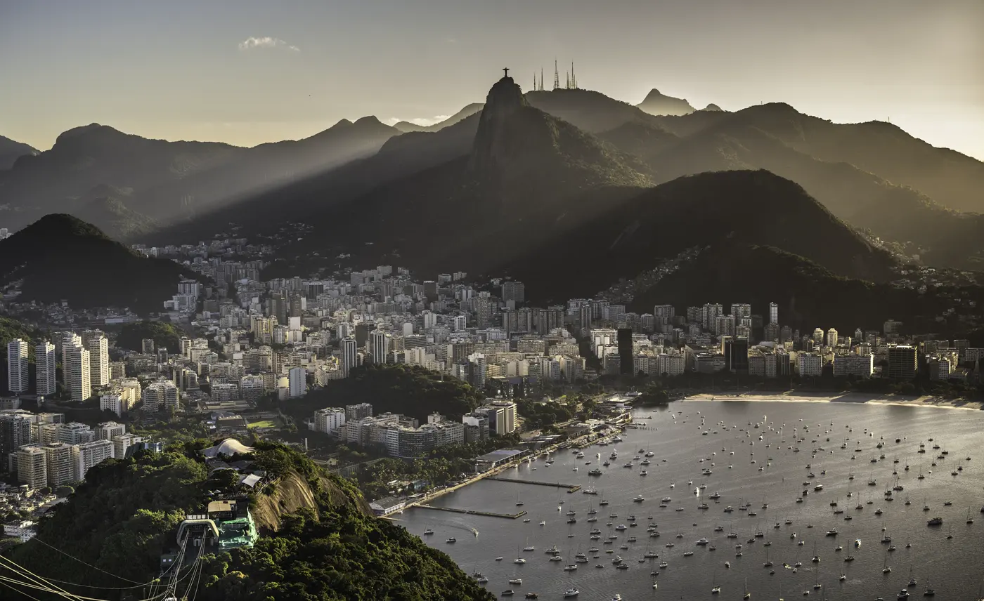 Sugarloaf Mountain over the bay of Rio de Janeiro at sunset.