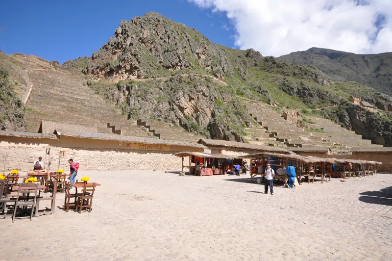 Stone terraces at Ollantaytambo in the Sacred Valley, with the town below the ruins.