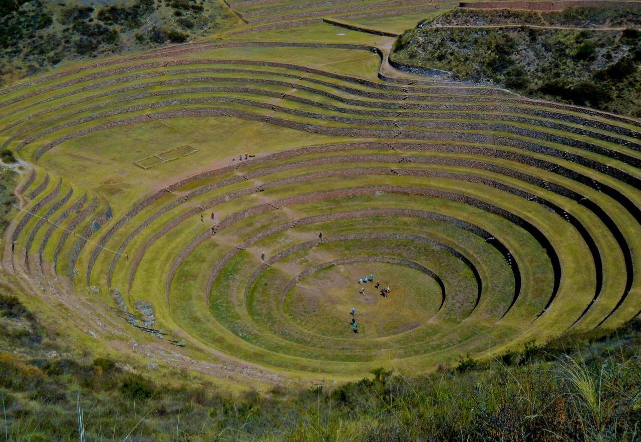The circular Inca terraces of Moray in the Sacred Valley, with no people